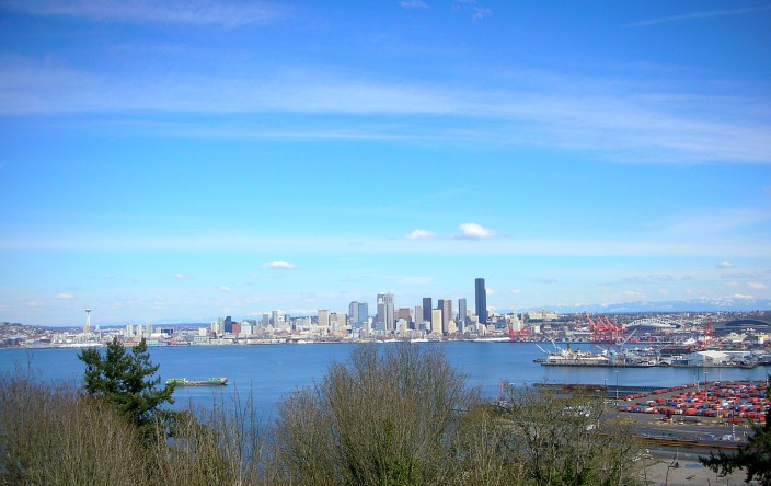 Space Needle on left, downtown, Century Link Field and Safeco Field on right